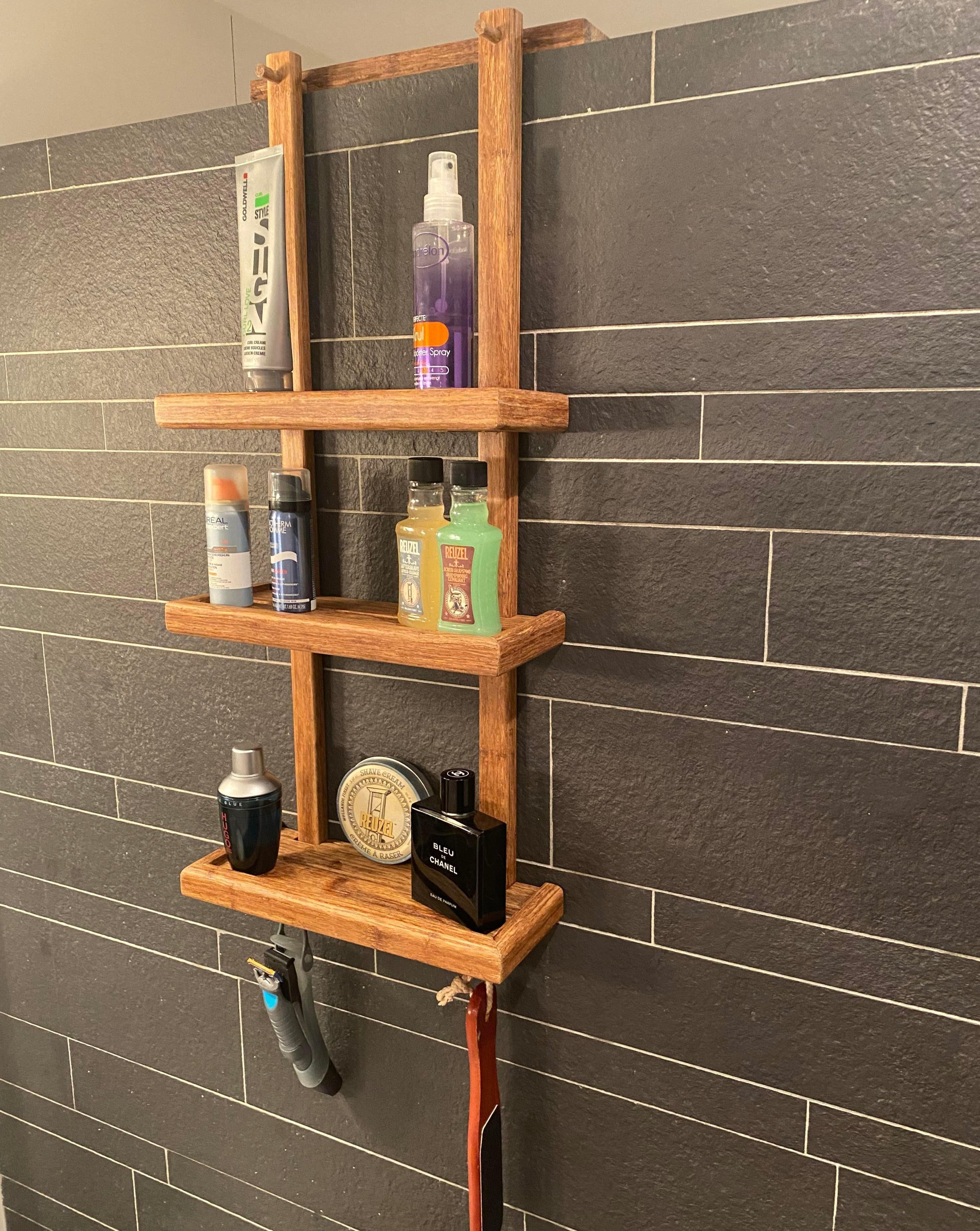 NEWRAIN Shower Rack, Wood Shower Shelves with Towel Holders for